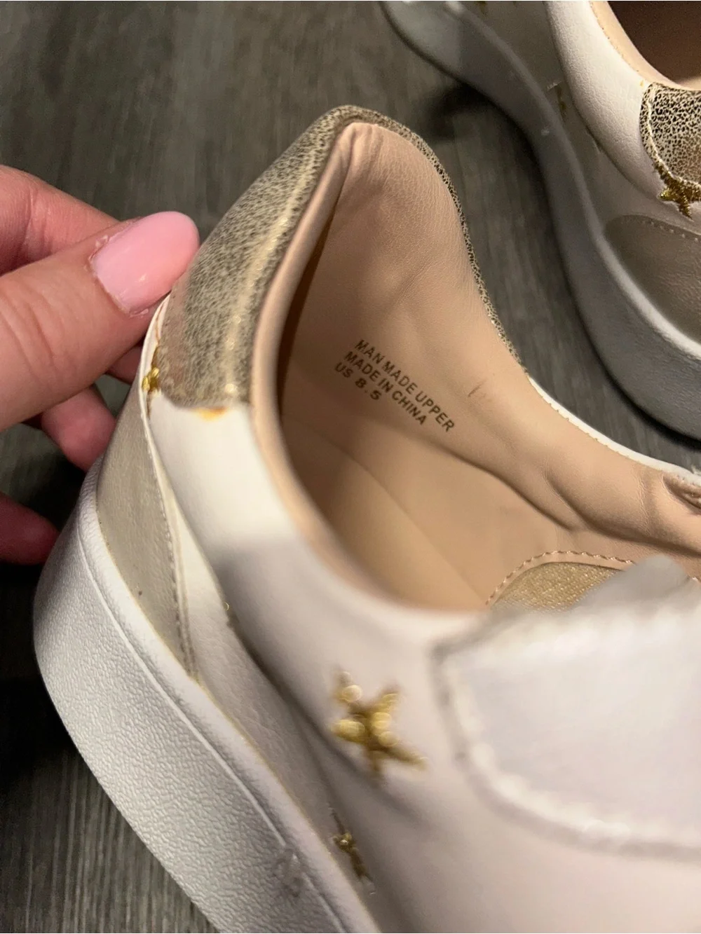 Altar'd State White Sneakers with Gold Star Embroidery and Metallic Heel